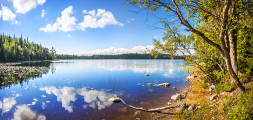Landscape overlooking a beautiful northern lake with reflections on Anzer Island (Solovetsky...