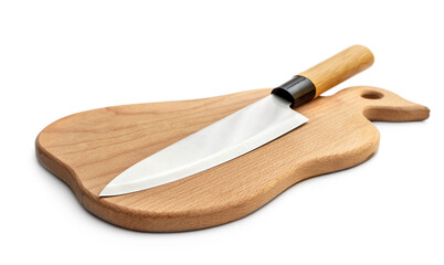 Kitchen knife on cutting board. Isolated on white.