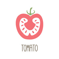 Cute caption tomato slice icon isolated on white background. Colorful pictogram original design. Can be used for infographics, identity or decoration. Vector shabby hand drawn illustration