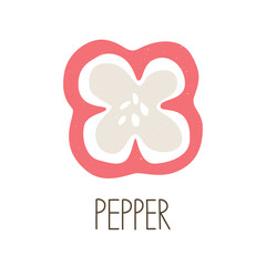 Cute caption pepper slice icon isolated on white background. Colorful pictogram original design. Can be used for infographics, identity or decoration. Vector shabby hand drawn illustration