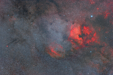 Astrophotography of outer space. Red clouds of hydrogen in the constellation Cygnus. Space nebulae IC 5070 and IC 5067.  A large number of small stars throughout the frame.