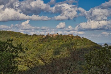 Fototapeta premium Burgruine in der Ferne auf Wald