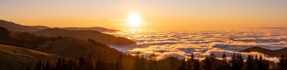 Panorama Sonnenuntergang Schwarzwald Gipfel mit Wolken - obrazy, fototapety, plakaty