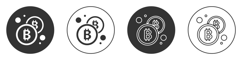 Black Cryptocurrency coin Bitcoin icon isolated on white background. Physical bit coin. Blockchain based secure crypto currency. Circle button. Vector.