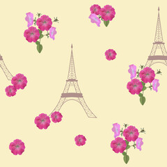 Fototapeta na wymiar Seamless vector illustration with Eiffel tower and flowers on a beige background.