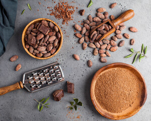 Flatlay Cocoa beans, cocoa powder, raw chocolate on a gray background. The concept of healthy eating.