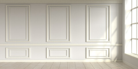 Modern classic white empty interior with wall panels and wooden floor. 3d render