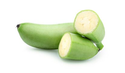 bunch of green bananas on white background