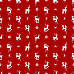 Vector christmas gift wrapping seamless pattern with cute deers. Red background with snowflakes and reindeers. Can be used for textile, fabric print, wrapping paper, card design and more 