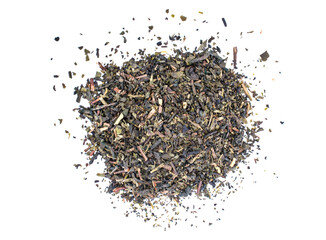 Dried green tea on white background.