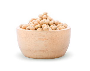 Soybeans in a wooden bowl on  white background