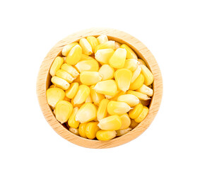 sweet corn in wooden bowl isolated on white background.