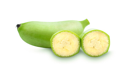 bunch of green bananas on white background