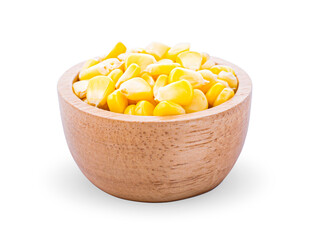sweet corn in wooden bowl isolated on white background.