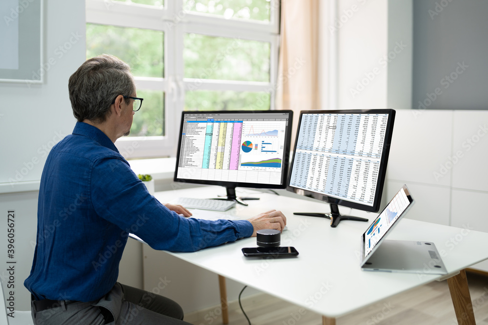 Aufkleber analyst employee using spreadsheet software