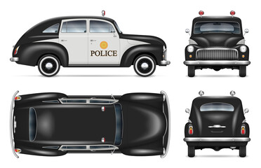 Vintage police car vector mockup on white background view from side, front, back, top. All elements in the groups on separate layers for easy editing and recolor.
