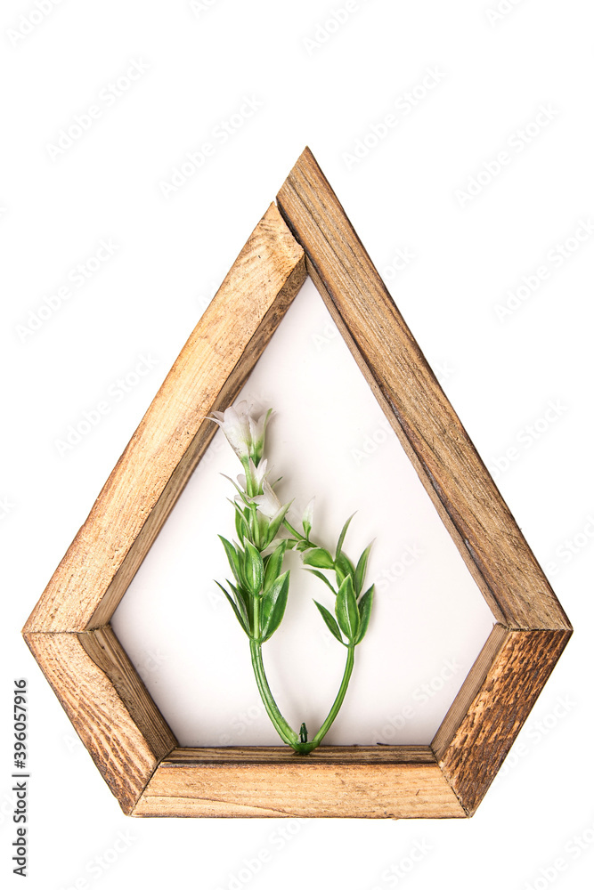 Wall mural wooden hexagonal wall decorative frame with an artificial flower in the center. on a white isolated 