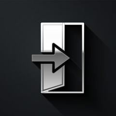 Silver Fire exit icon isolated on black background. Fire emergency icon. Long shadow style. Vector.