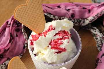 fresh yogurt ice cream with blackberries and a waffle