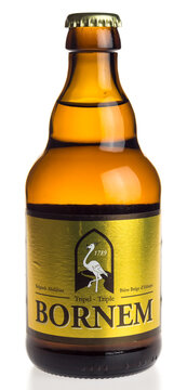 GRONINGEN, NETHERLANDS - NOVEMBER 28, 2020: Bottle of belgian Bornem Tripel beer isolated on a white background