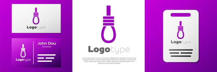 Logotype Gallows rope loop hanging icon isolated on white background. Rope tied into noose. Suicide, hanging or lynching. Logo design template element. Vector.