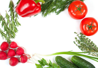 Obraz na płótnie Canvas Fresh colorful organic vegetables captured from above (top view, flat lay). White background. Layout with free (copy) space. Healthy food conception. Ingredients for salad