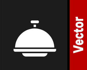White Covered with a tray of food icon isolated on black background. Tray and lid sign. Restaurant cloche with lid. Vector.