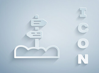 Paper cut Road traffic sign. Signpost icon isolated on grey background. Pointer symbol. Street information sign. Direction sign. Paper art style. Vector.