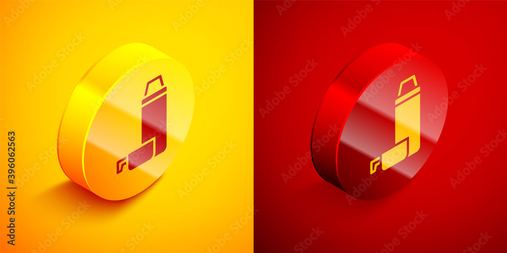 Wall mural Isometric Thermos container icon isolated on orange and red background. Thermo flask icon. Camping and hiking equipment. Circle button. Vector.