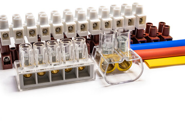 Terminal blocks and distribution blocks. Connecting electrical cables of different voltages. Connection to an electrical terminal. Electrician. Copy space