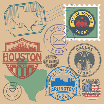Retro postage stamps set, Texas, United States theme