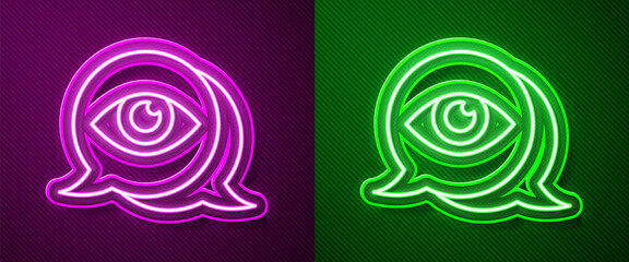 Glowing neon line Eye scan icon isolated on purple and green background. Scanning eye. Security check symbol. Cyber eye sign. Vector.