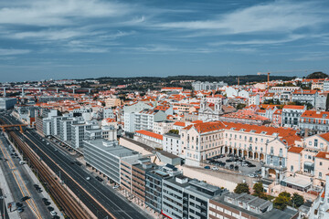 Fototapeta na wymiar Aerial view over Portuguese capital of Lisbon in October in summer 