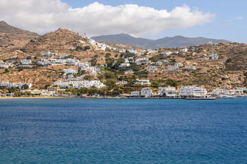 Fototapeta premium Ios island in Greece, a famous tourist destination with golden beaches and the characteristic Aegean architecture. Chora town. Cyclades Islands, Greece