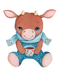 Fototapeta premium Cute cartoon little bull in blue with a cup of coffee. Watercolor hand drawn illustrations, icons. New Year and Christmas. Isolated on white background.