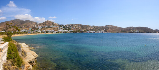Fototapeta premium Ios island in Greece, a famous tourist destination with golden beaches and the characteristic Aegean architecture. Chora town. Cyclades Islands, Greece