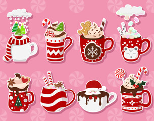 Collection of stickers with Christmas hot drinks: hot chocolate, cream, coffee, milk. Stickers of mugs with sweets, cookies and lollipops. Vector.