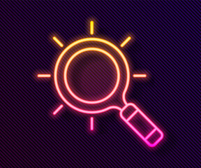 Glowing neon line Magnifying glass icon isolated on black background. Search, focus, zoom, business symbol. Vector.