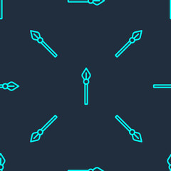 Green line Medieval spear icon isolated seamless pattern on blue background. Medieval weapon. Vector.