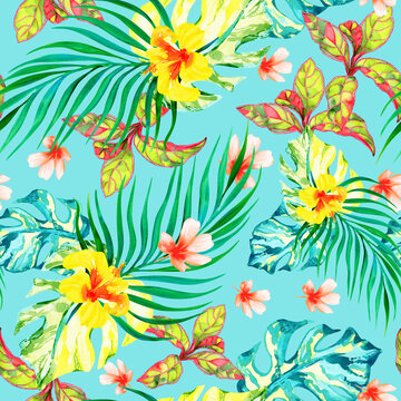 seamless tropical pattern with watercolor leaves and flowers on blue background