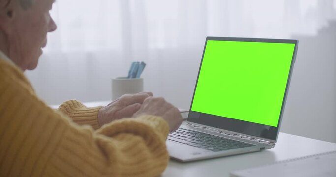 An elderly woman looks at a monitor with a green screen and talks via video link with her granddaughter or daughter or a doctor. Video help for the elderly. Grandma uses a laptop