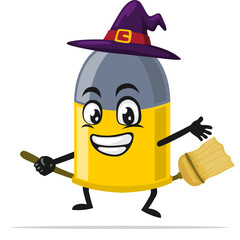 vector illustration of bullet mascot or character wearing witch costume and ride flying broom