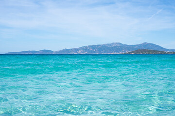 Plakat the most beautiful beach in the world, with very white silver sand, clear and clean with no people or tourists around, warm turquoise blue water superb destination Corsica the island of beauty