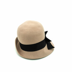 Women's beige felt hat. Black decorative ribbon with a bow. The margins are beautifully curved. Isolated on white background. Side view.