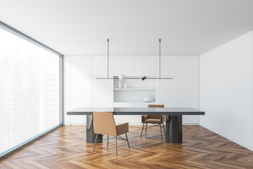 Naklejka na ściany i meble Minimalistic white panoramic kitchen with table