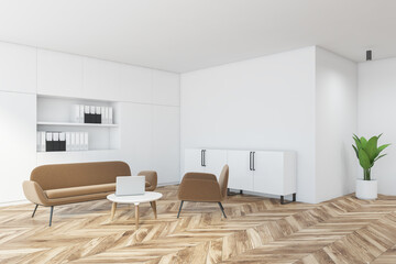 Minimalistic white kitchen corner with table and sofa