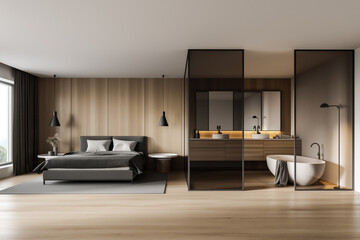 White and wooden master bedroom and bathroom interior