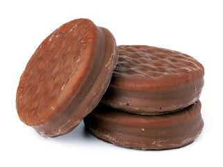 Chocolate cookies in glaze isolated on white background