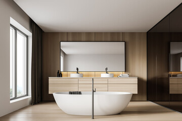 Fototapeta na wymiar Modern wooden and white bathroom interior