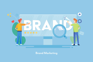 Two businessmen or partner building brand on internet. Brand marketing and promotion concept. Flat design web vector illustration.